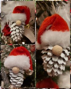 pine cone christmas ornament with santa's hat hanging from the top and bottom