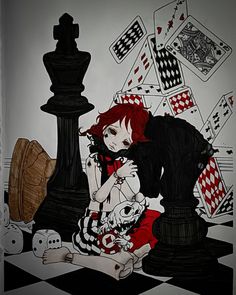 a drawing of a woman sitting on top of a checkered floor next to a black and white chess board