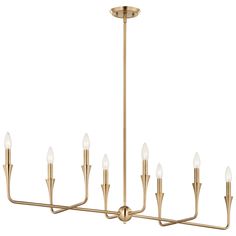 a large brass chandelier with six lights on each end and five small white candles in the middle