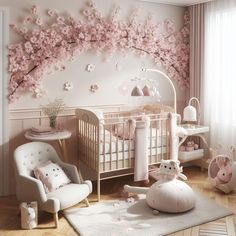 a baby's room decorated in pink and white with cherry blossoms on the wall