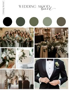 a wedding mood board with white and green flowers, greenery, candles, black suit