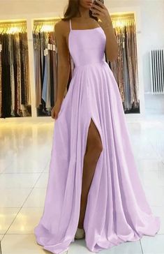 Spaghetti-Straps Prom Dress With Slit PD0178 Grade 8 Grad Dresses Long, Light Purple Long Dress, Prom Dresses Pink Long, Purple Grad Dresses, Light Purple Prom Dresses, Light Purple Prom Dress, Md Dresses, Grade 8 Grad Dresses, Grad Dresses Long