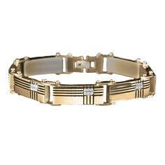 Once you open our luxury presentation case and get this new designer bracelet on your wrist, we predict that you will be loathe to take it off. 7 panels of premium grade 316L solid stainless steel fused with 18k yellow gold are etched with a geometric pattern before being set with no less than 42 of our flawless Diamondeau® - the Supreme Diamond Alternative . Fits up to an 8.25" wrist. Mens Wedding Rings Titanium, Dressy Jewelry, Gents Bracelet, Black Hills Gold Jewelry, Mens Diamond Bracelet, Clean Gold Jewelry, Wedding Diamond, Black Gold Jewelry, Rose Gold Earrings Studs