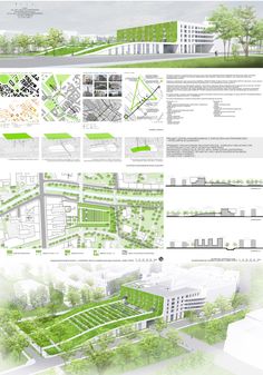 an architectural diagram shows the various sections of a building and its surrounding area, including trees