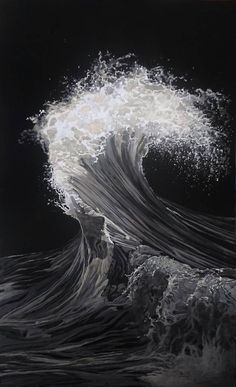 the painting is black and white, with waves crashing over it's head in front of