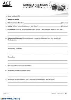 the writing film review worksheet is shown in black and white, with an image of