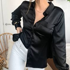 Asos Design Long Sleeve Satin Shirt With Cut Out Back. New With Tags, Never Worn. #Tds364m Trendy Shirt For Night Out, Casual Solid Color Shirt For Night Out, Casual Solid Shirt For Night Out, Cactus Shirt, Cropped Button Down, Oversized Button Down Shirt, White Top Women, Black Button Down Shirt, Back In Black