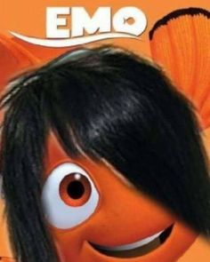 the character emo with long black hair and big eyes is wearing an orange frisbee