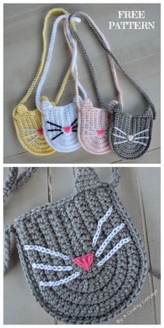 three crocheted purses with cats on them, one is grey and the other is white