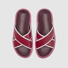 Love Various Shades Of Burgundy Against Pink And White... Comfortable Foot Bed.... Sole 1.5 Inches....Euro Size 37 Summer Slip-on Sandals With Red Sole, Pink Sandals With Red Sole And Round Toe, Pink Sandals With Red Sole, Pink Sandals With Round Toe, Tan Cushioned Sandals For Summer, Summer Slides With Red Sole, Red Leather Slides For Summer, Beach Open Toe Slides With Red Sole, Beach Slides With Red Sole And Open Toe