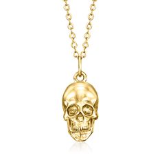 Ross-Simons - Italian 14kt Yellow Gold Skull Pendant Necklace. 18". RS Pure. Modern designs that complete your outfit and complement your personality. Sure, skulls make a cute spooky season accessory, but we're loving them year-round! Our 14kt yellow gold pendant necklace suspends a simple skull, offering some edgy yet elegant style for your layered look. Made in Italy. Cable chain includes a 2" extender. Springring clasp, 14kt yellow gold skull pendant necklace. Gold Skull Necklace For Halloween, Yellow Gold Skull Jewelry For Gift, Halloween Skull Shaped Gold Jewelry, Gold Skull Necklace, Italian Gold Chain, Simple Skull, Skull Pendant Necklace, Gold Skull, Fine Jewelery