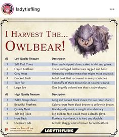 an owl's head is shown with the words, i harvest the owlbear