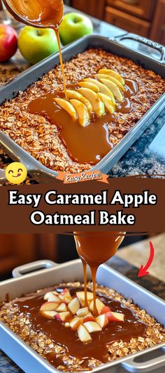 caramel apple oatmeal bake is being drizzled with caramel