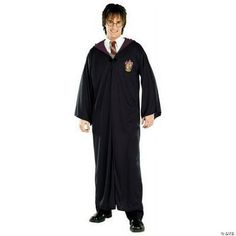 a man dressed in a harry potter robe and tie with his hands on his hips