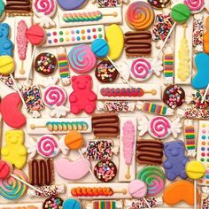 an assortment of colorful candies and lollipops