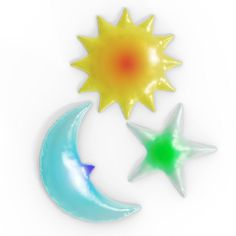 three shiny stars and a crescent moon on a white background