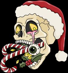 a skull wearing a santa hat with candy canes in it's mouth and tongue sticking out