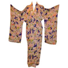 Bold Multi-Color Festive Multi-Floral Japanese Silk Kimono Two Piece Loungewear, Asian Textiles, Embroidered Robes, Matching Robes, Silk Kimono Robe, Japanese Silk, Kimono Fabric, Brown Silk, Silk Kimono