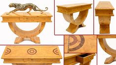 several pictures of wooden furniture including a cheetah on the top, and an arrow in the bottom