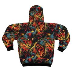 Make a bold statement with our "Fierce Roar Zip-Up Hoodie," a piece that captures the raw essence of the wild. Adorned with a vibrant array of snarling panther faces set ablaze with fiery undertones, this hoodie is for those who walk on the audacious side of life. Every detail, from the vivid colors to the expressive feline features, is designed to turn heads and provoke thought. Crafted for both comfort and impact, this hoodie features a soft interior and a striking exterior that refuses to go Winter Multicolor Hoodie With Graphic Print, Multicolor Graphic Print Hoodie For Winter, Hooded All Over Print Winter Sweatshirt, Hooded Hoodie With Sublimation Print For Fall, Long Sleeve Hoodie With All Over Print For Fall, Winter Hoodie Sweatshirt With All Over Print, Multicolor Drawstring Hood Top For Streetwear, Fall Hoodie Sweatshirt With Sublimation Print, Multicolor Sublimation Print Sweatshirt For Streetwear