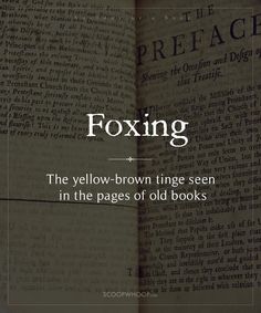 an open book with the title foxing on it's page, in white