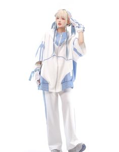 Light Blue Cotton Bottoms For Winter, Casual Blue Sets With Straight Pants, White And Blue Aesthetic Outfit, Tenshi Kawaii Outfit, Landmine Girl, Cybercore Fashion, Outfit Coordination, Kawaii Leg Warmers, Blue And White Sweater