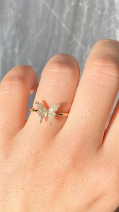 Up for sale is a Beautiful 14K Gold Butterfly Pave Set Diamonds Specifications: -Model #: 898 -Metal Types Available: 14K White Gold, Yellow Gold, Rose Gold -Butterfly: Height: 9 MM Width : 11 MM -Band Width: 1.25 MM -Gold Weight: 1.7 Grams -Total Diamond Weight: 52 Round 0.15 Carats -Color: F -Clarity: SI *18K GOLD & PLATINUM ALSO AVAILABLE WITH ADDITIONAL COST CUSTOM MADE TO ORDER Brief Overview: -30 Day Return Policy -Conflict Free Natural Diamonds -Satisfaction Guarantee -Ring Box Includ Girly Rings, Diamond Butterfly Ring, Lovely Aesthetic, Aesthetic Ring, خواتم خطوبة, Diamond Butterfly