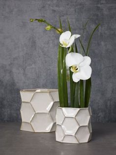 two white vases with flowers in them on a gray table next to each other