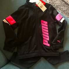 “Puma” Kids 2 Piece Tracksuit Nwt (New With Tags) Size - 6x Brand New With Original Hangar Color - Black, White & Pink Pink Sportswear Tracksuit For Sports, Pink Sportswear Tracksuit For Gym, Pink Gym Tracksuit Sportswear, Pink Fitted Tracksuit For Sports, Pink Athleisure Tracksuit For Gym, Fitted Pink Tracksuit For Sports, Puma Outfits, Puma Tracksuit, Full Tracksuit