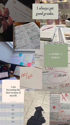 a collage of photos with different types of writing and numbers on them, including sheets of paper that say i always get good grade