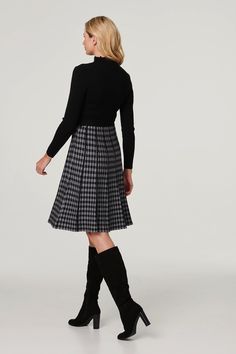 Add a checked print to your dress collection with this stylish midi. It has a high neck with a button detail, long sleeves, a detachable self-tie belt, a fit & flare silhouette and a midi length skater skirt. Pair with heels or boots for an elegant look that'll also keep you warm on a cold day. Knee Length Evening Dress, Animal Print Outfits, Petite Tops, Leather Dresses, Animal Print Dresses, Shoes With Jeans, Knee Length Dresses, Skirted Swimwear, Fashion Face