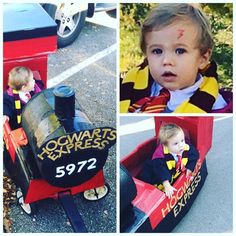 a collage of photos with a toddler in a toy train and harry potter costume