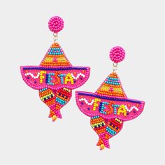 Fiesta Hat Seedbead Clipon Earrings Cinco de Mayo Mexican Seed Bead Clip on DesignHandmade Trendy Clip on Earrings - 2.25" x  3.5" ----   ***** Custom Orders Available to make virtually any earring you want in a Clip on Style. ***** Treasure Jewelry, Mexican Holiday, Beaded Hat, Party Earrings, Beaded Dangle Earrings, Seed Bead Earrings, Fun Earrings, Beaded Dangles, Seed Bead