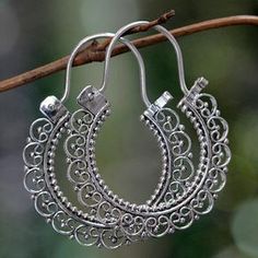 Sterling silver hoop earrings, 'Balinese Lace' - Artisan Jewelry Sterling Silver Hoop Earrings Pendant Shade, Silver Jewelry Earrings, Motif Vintage, Jewelry Sterling Silver, Sterling Silver Hoop Earrings, Jewelry Outfit, Silver Accessories, Sterling Silver Hoops, Balinese