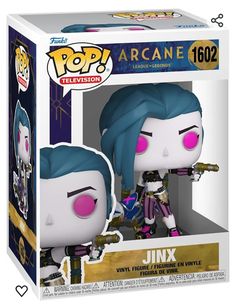 the funky pop vinyl figure is in an open box with pink eyes and blue hair