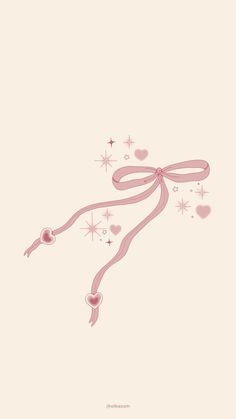 a pink ribbon with hearts on it and sparkles in the sky behind it, against a pale background