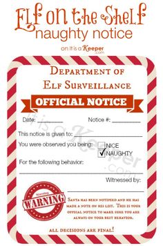 a red and white striped certificate with the words department of elf surveillance