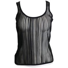 - Vintage 90s Thierry Mugler black knitted vertical stripe see through tank top. This sexy tank top is rare! - Made in Italy. - Size M. - 90% Nylon, 7% Polyamide, 3% Elasthanne. Fitted Sheer Tank Top With Tank Straps, Fitted Sheer Tank Top, Striped Fitted Tank Top With Tank Straps, Fitted Ribbed Tank Top For Party, Seamless Scoop Neck Tank Top For Party, Striped Fitted Tops With Tank Straps, Fitted Striped Tops With Tank Straps, Party Ribbed Sleeveless Top, Ribbed Sleeveless Party Top