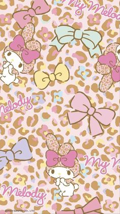 the hello kitty wallpaper has many different bows and hearts on it, as well as leopard print