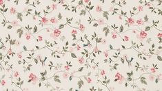 a white wallpaper with pink flowers and green leaves on the bottom half of it