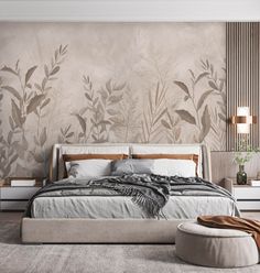 a bedroom with a bed, nightstands and wallpaper in shades of grey and beige