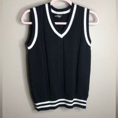 Yujianxiong Sweater Vest No Size Tag Size Comparable To Medium/ Large In Woman’s New Never Used, No Tag Mc Fitted Black Sweater Vest, Classic Black Sweater Vest For Spring, White V-neck Vest Outerwear, Black Sleeveless School Top, White Sweater Vest, Blue And White Sweater, Cable Knit Sweater Vest, White Cable Knit Sweater, Sweater Vests