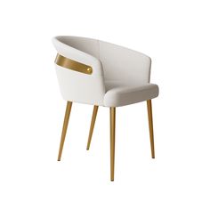 a white chair with gold accents on the armrests and legs, against a white background