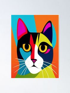 a black, white and yellow cat's face with bright colored eyes on a multi - colored background poster