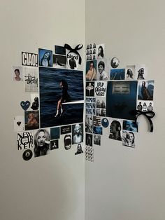 the wall is covered with many different pictures and magnets on it's side