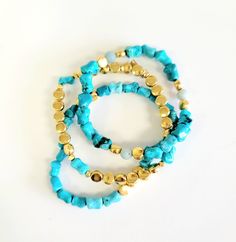 Turquoise, amazonite and gold accents makes a statement. Stretchy. No clasp. 7.50" Sold as set of three. Silver Jewelry Accessories, Hamsa Jewelry, Lapis Jewelry, Pearl Gifts, Gift Sets For Her, Coral Jewelry, Jewelry Choker, Accessories Rings, Jewelry Lover