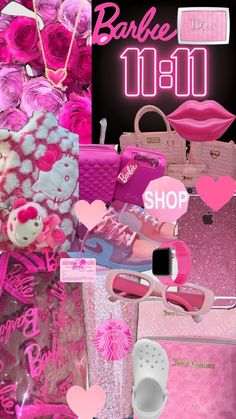 a collage of pink and white items with the words barbie on it's side