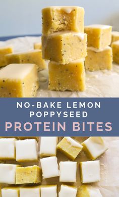 no - bake lemon poppy seed protein bites are stacked on top of each other