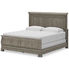 a bed with white sheets and pillows on it's headboard, in grey wood