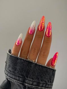 February Birthday Nails Almond, Pink Almond Nails Design Valentines, Almond Nails February 2024, Aura Valentine Nails, Fun Birthday Nails, Cute Nail Designs Almond Shape Valentine’s, Shiny Nails Designs, February Nails, Gel Nails Diy